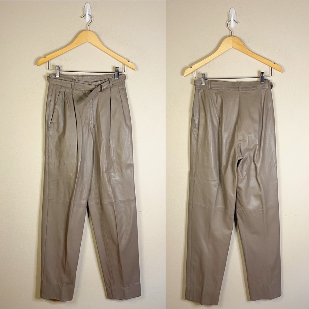 Vintage Luis Alvear | 100% Leather Neutral Beige Belted Trouser Size: 10